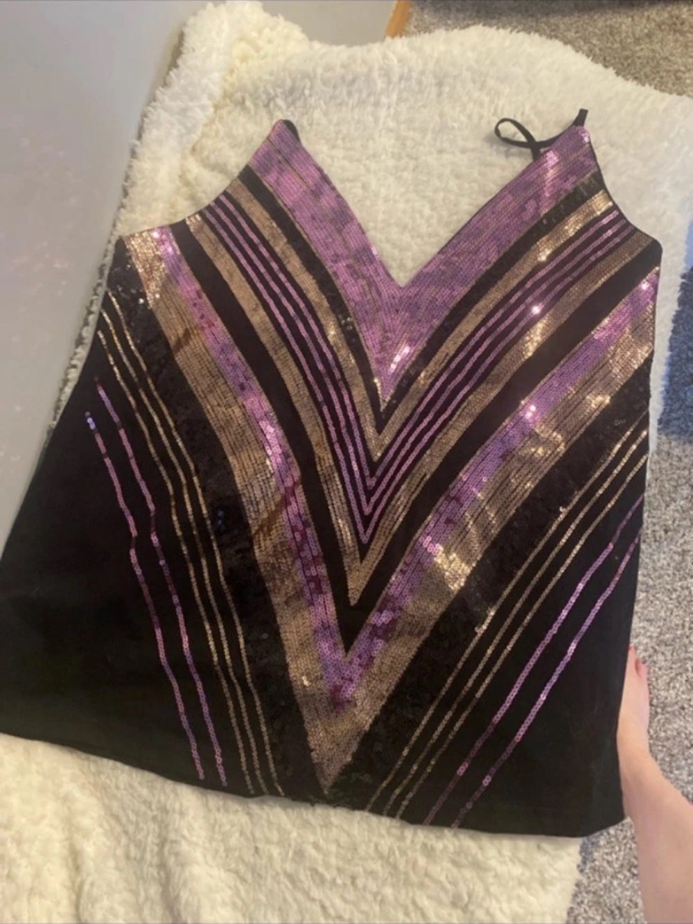 VENUS Black Sequin V-Neck Camisole with Purple and Gold Stripes Sz 1X